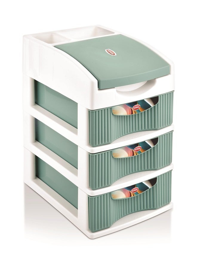 MOLTRES-SPACIA 3 (MINI Size) Desktop Organizer Plastic Drawers -Size(25x23x17) cm-Multipurporse Free Standing Cabinet Drawer for Cosmetic, Make-up Organizer, Jewelery & Office. (Green, Spacia 3) - Image 4